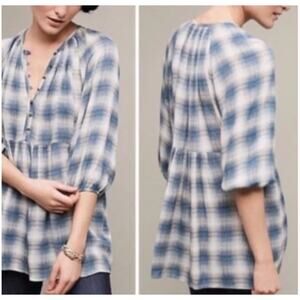 Anthropologie Maeve Cavalon Plaid Top XS Blue Tunic Peplum Oversized Popover